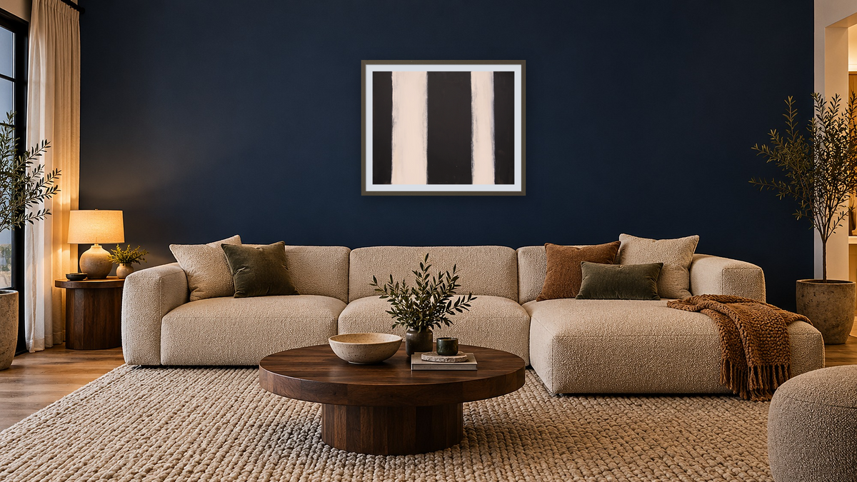 Black and White 2 by Tayt Modern, shown at 32 × 40 in (81.3 × 101.6 cm) in Ramino Satin Black, media room