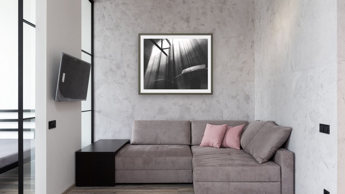Light Falls #3 from the Nevada Northern Series by Gordon Osmundson, shown at 32 × 40 in (81.3 × 101.6 cm) in Ramino Satin Black, media room