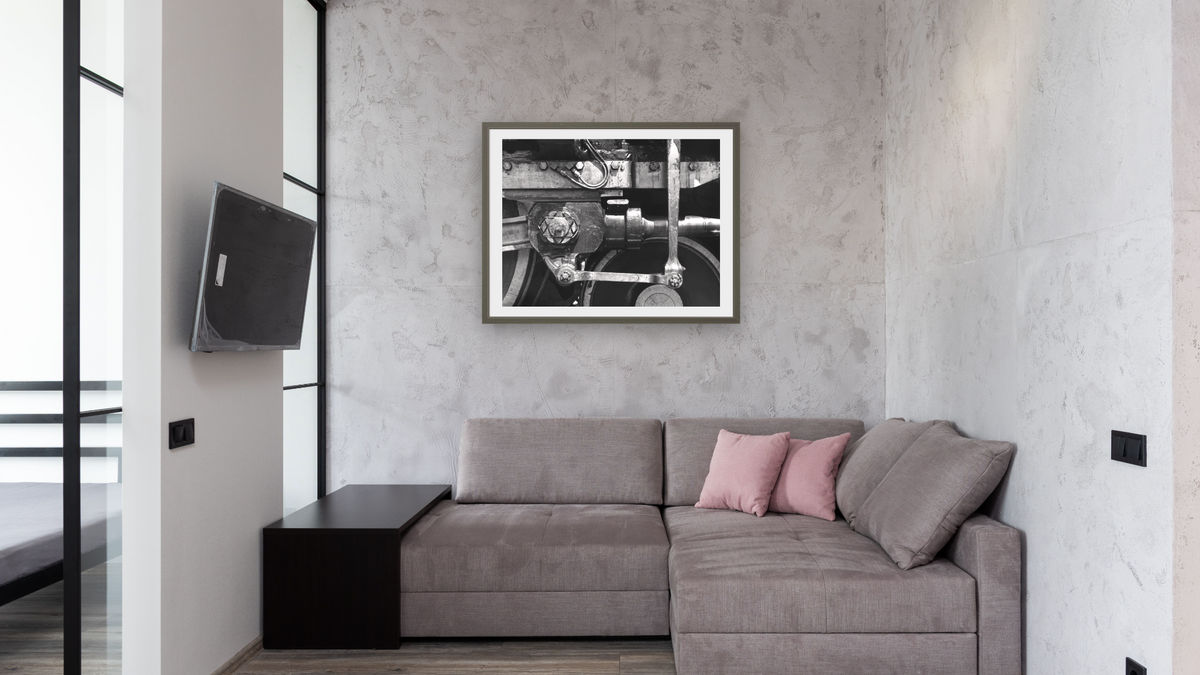 Crosshead, U.P.8444 from the Railroad Series by Gordon Osmundson, shown at 30 × 40 in (76.2 × 101.6 cm) in Ramino Satin Black, media room