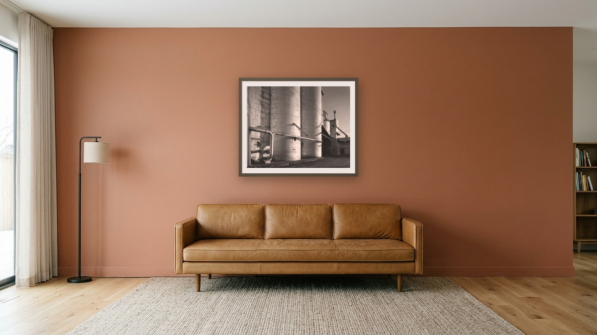 Arbuckle Warehouse #23 by Gordon Osmundson, shown at 32 × 40 in (81.3 × 101.6 cm) in Ramino Satin Black, media room