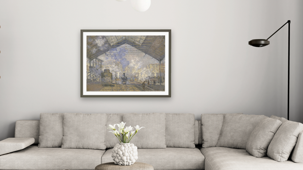 The Saint-Lazare Station by Claude Monet, shown at 30 × 40 in (76.2 × 101.6 cm) in Ramino Satin Black, living