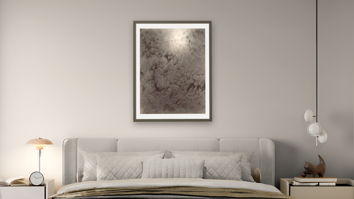 Equivalent by Alfred Stieglitz, shown at 30 × 40 in (76.2 × 101.6 cm) in Ramino Satin Black, bedroom