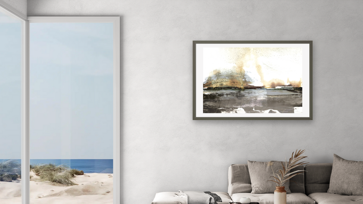 End Of Day by Dan Hobday, shown at 28 × 42 in (71.1 × 106.7 cm) in Ramino Satin Black, living