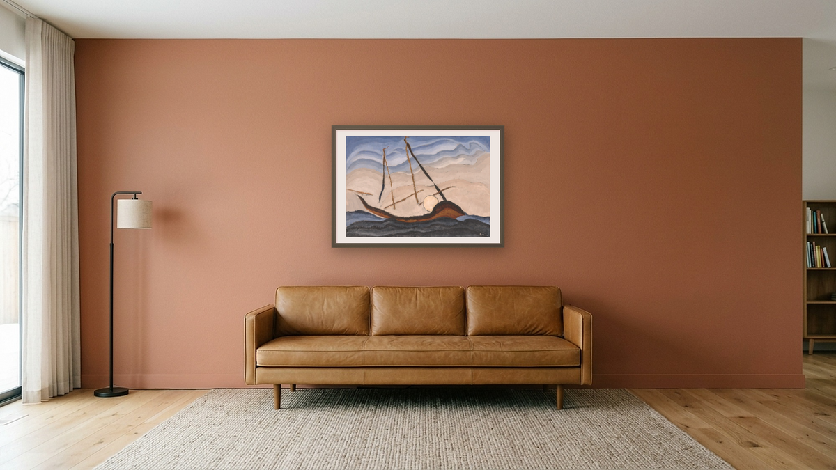 Boat Going Through Inlet by Arthur Dove, shown at 28 × 42 in (71.1 × 106.7 cm) in Ramino Satin Black, media room