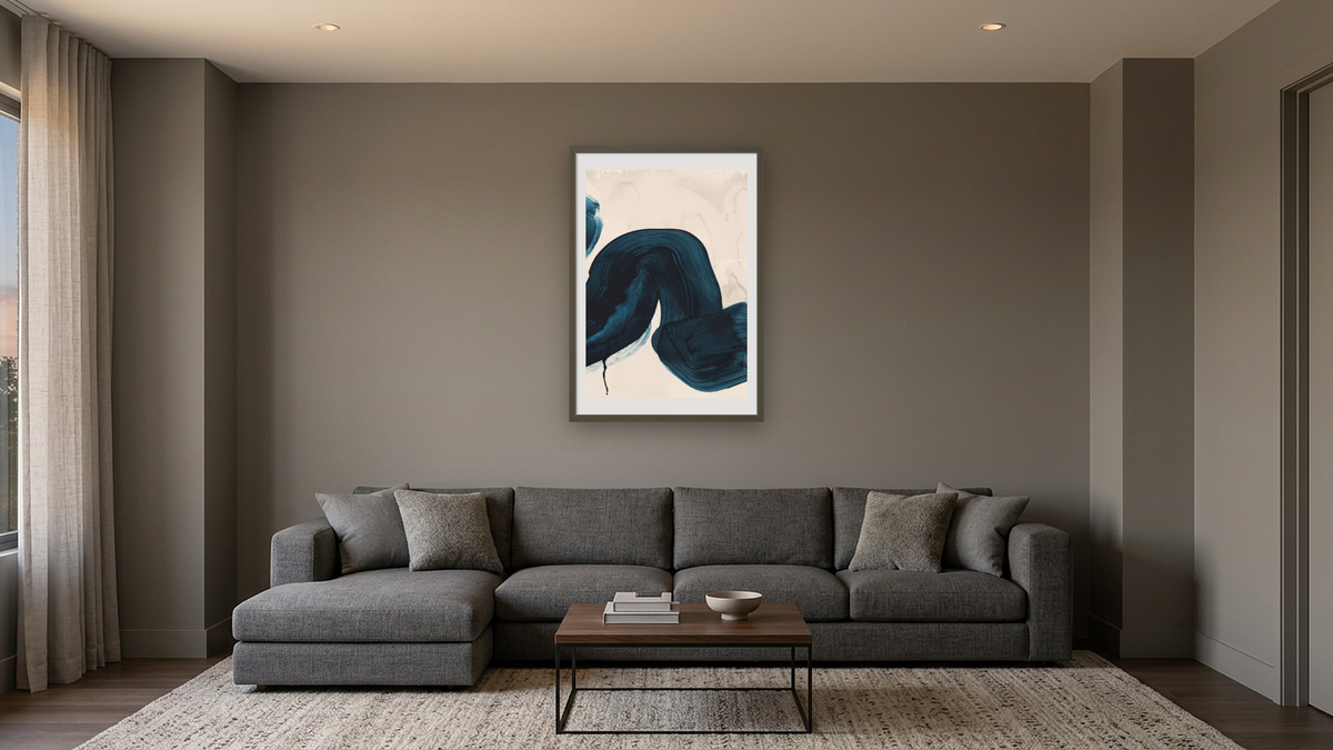 Brush Strokes 3 by Dan Hobday, shown at 28 × 42 in (71.1 × 106.7 cm) in Ramino Satin Black, media room