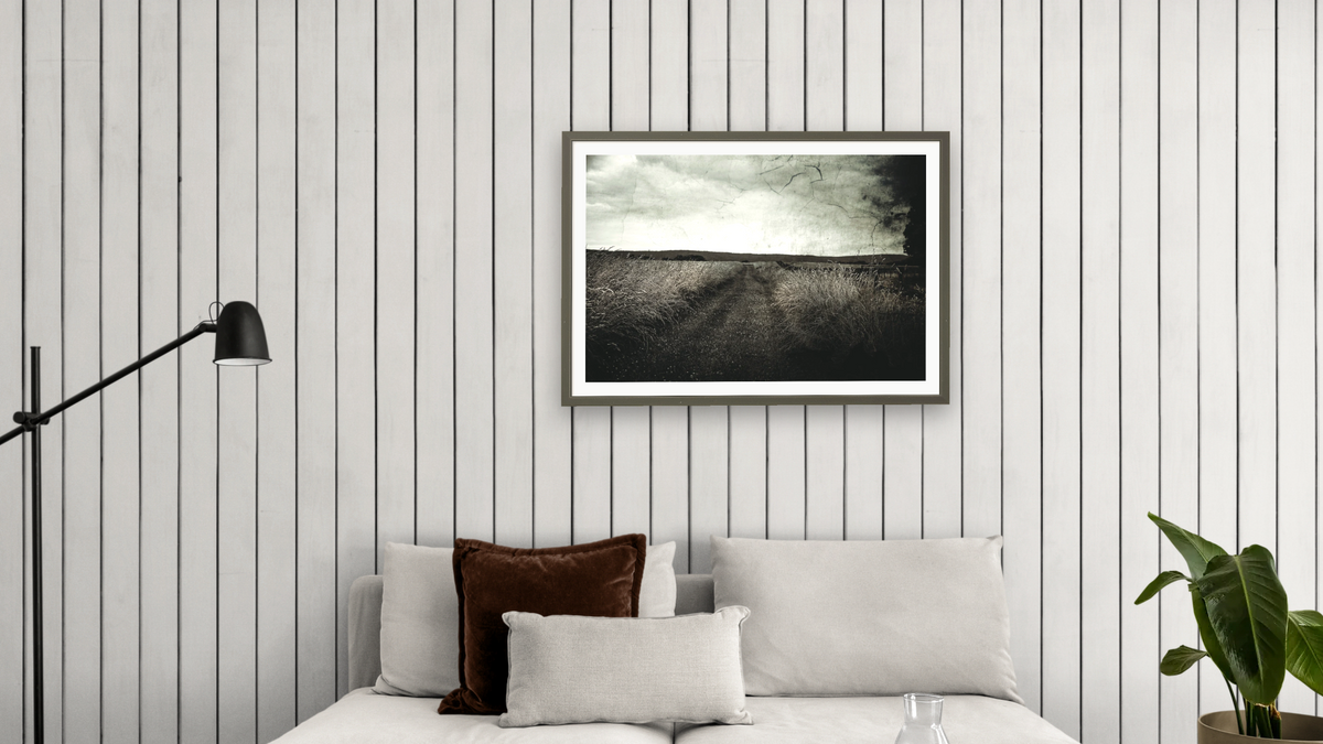 Path by Brandon Luther, shown at 28 × 42 in (71.1 × 106.7 cm) in Ramino Satin Black, living