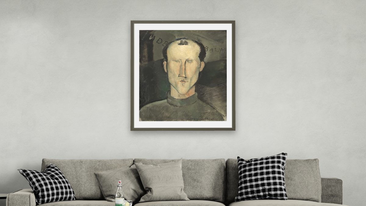 Léon Indenbaum by Amedeo Modigliani, shown at 32 × 40 in (81.3 × 101.6 cm) in Ramino Satin Black, living