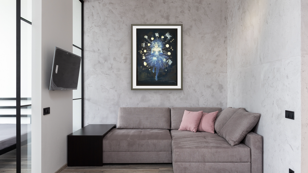 Study for electrical device advertisement by Leonetto Cappiello, shown at 30 × 40 in (76.2 × 101.6 cm) in Ramino Satin Black, media room