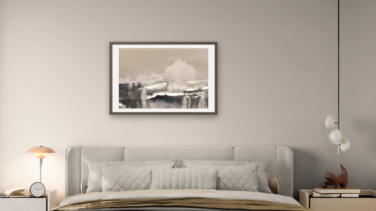 Coastal by Dan Hobday, shown at 28 × 42 in (71.1 × 106.7 cm) in Ramino Satin Black, bedroom