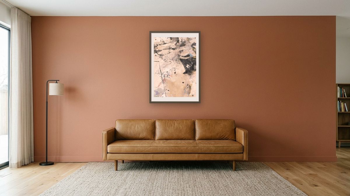 Earth 1 by Dan Hobday, shown at 28 × 42 in (71.1 × 106.7 cm) in Ramino Satin Black, media room
