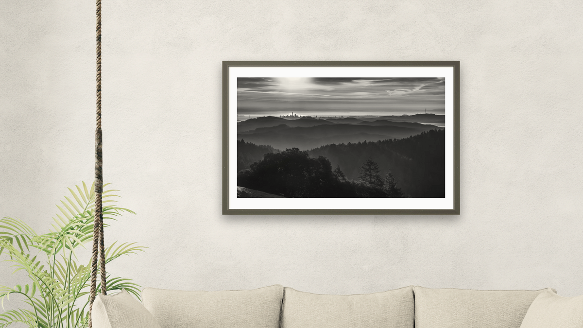 Cityscape by Michelle Abrams, shown at 28 × 42 in (71.1 × 106.7 cm) in Ramino Satin Black, living