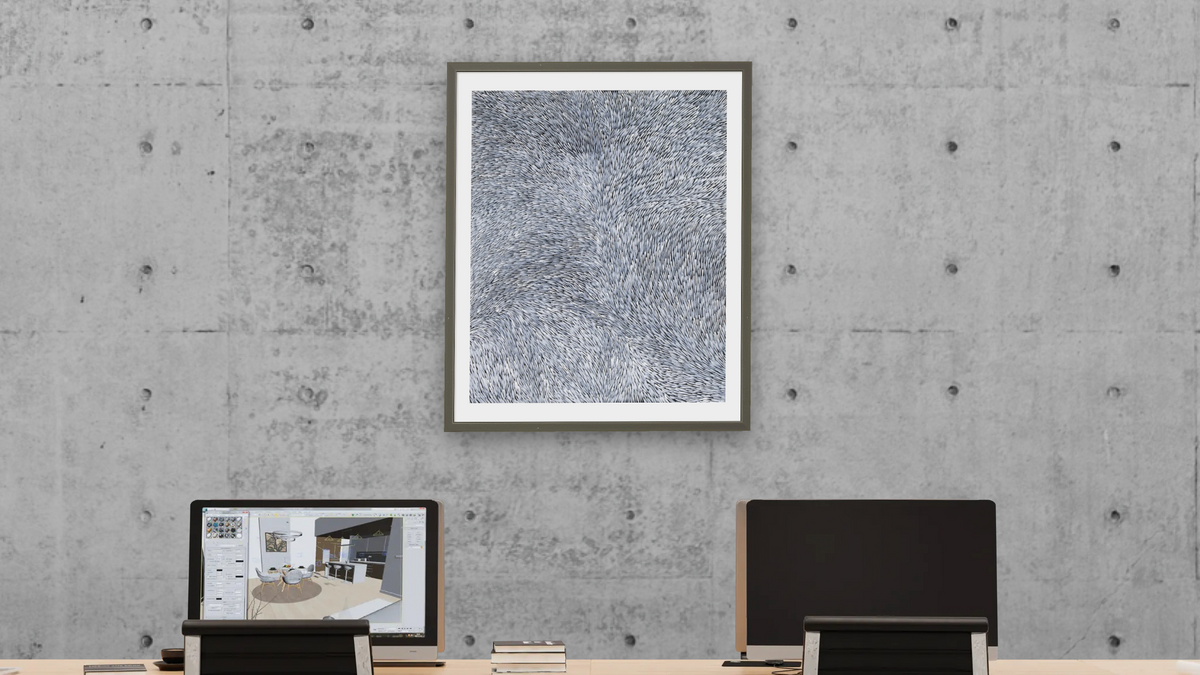 Leafs by Gloria Tamerre Petyarr, shown at 32 × 40 in (81.3 × 101.6 cm) in Ramino Satin Black, office