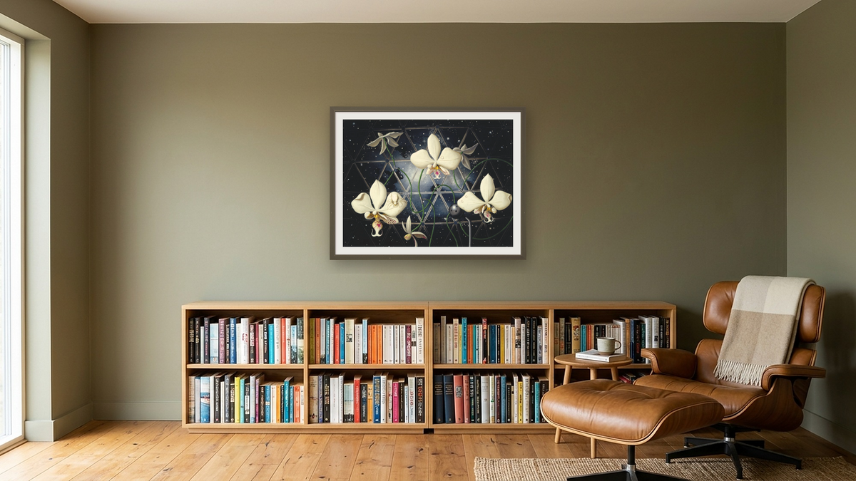 Biosphere: Orchids by Alexis Rockman, shown at 30 × 40 in (76.2 × 101.6 cm) in Ramino Satin Black, library