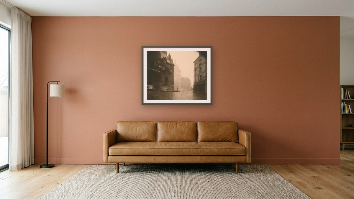 Rue de la Montagne Ste. Geneviève by Eugène Atget, shown at 32 × 40 in (81.3 × 101.6 cm) in Ramino Satin Black, media room