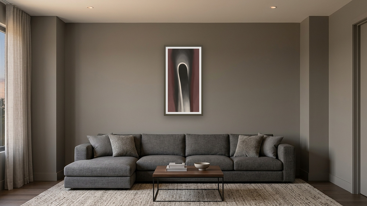 Jack-in-the-Pulpit No. VI by Georgia O'Keeffe, shown at 20 × 40 in (50.8 × 101.6 cm) in Ramino Satin Black, media room