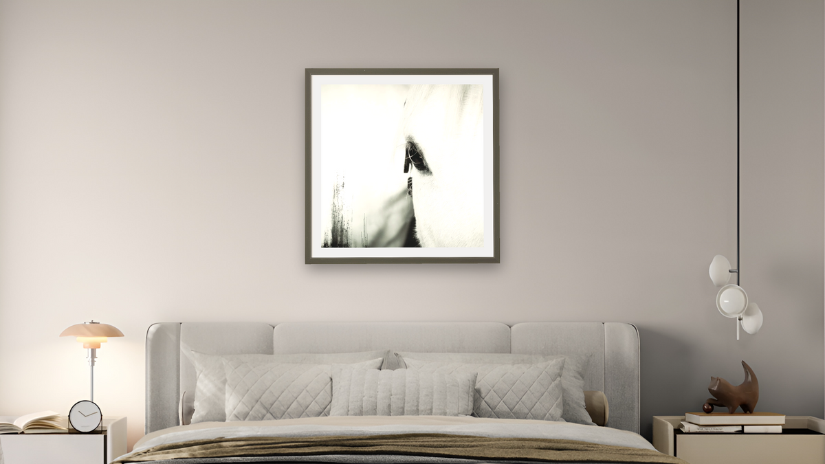 Maddie by Brandon Luther, shown at 32 × 32 in (81.3 × 81.3 cm) in Ramino Satin Black, bedroom