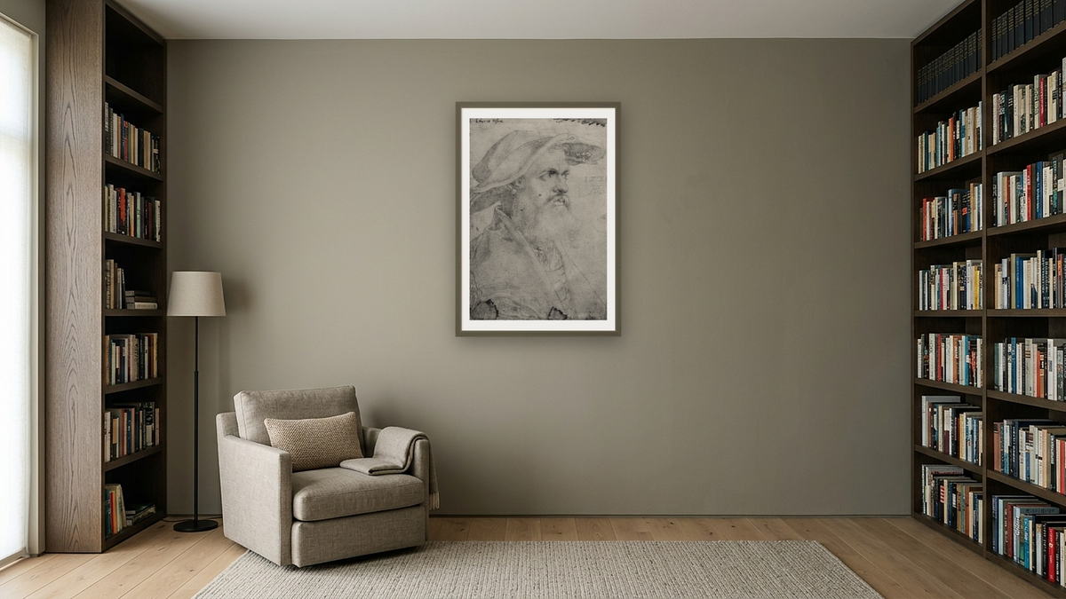 Helius Eobanus Hessus by Albrecht Dürer, shown at 28 × 42 in (71.1 × 106.7 cm) in Ramino Satin Black, library