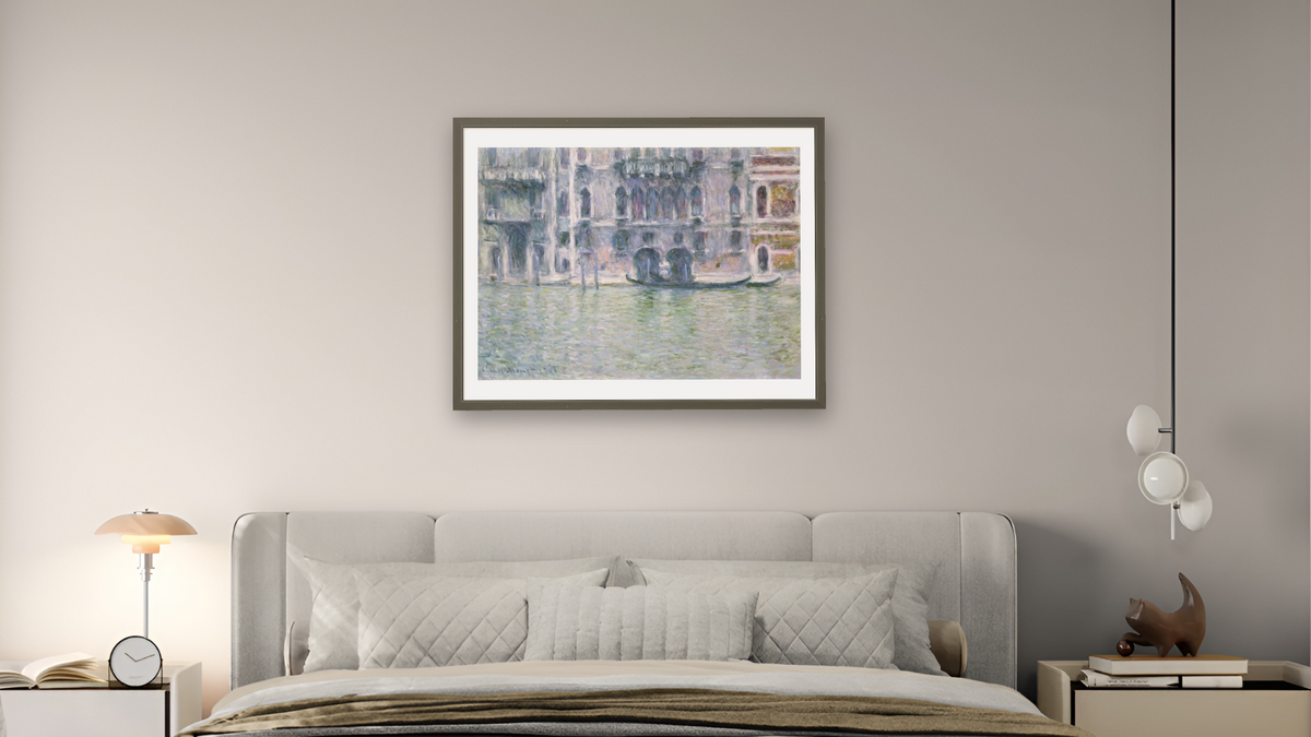 Le Palais da Mula by Claude Monet, shown at 30 × 40 in (76.2 × 101.6 cm) in Ramino Satin Black, bedroom
