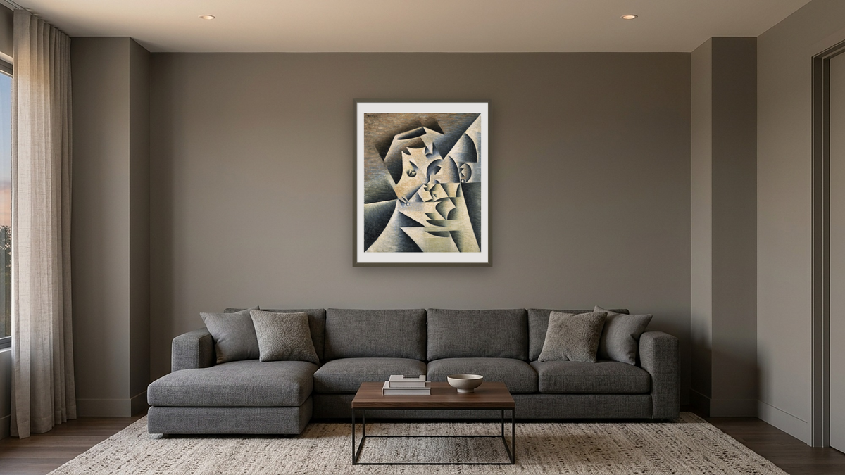 Portrait of Josette by Juan Gris, shown at 32 × 40 in (81.3 × 101.6 cm) in Ramino Satin Black, media room
