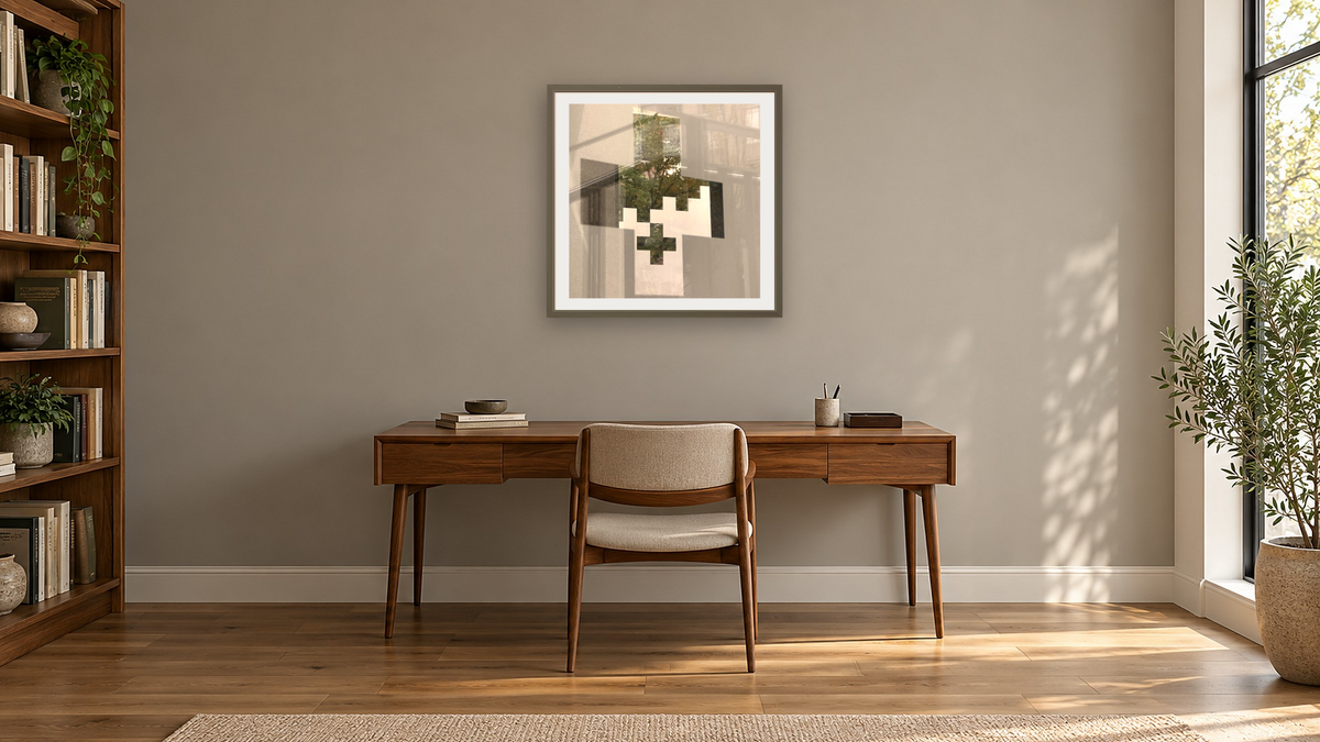Grace by Judith Rayl, shown at 32 × 32 in (81.3 × 81.3 cm) in Ramino Satin Black, library