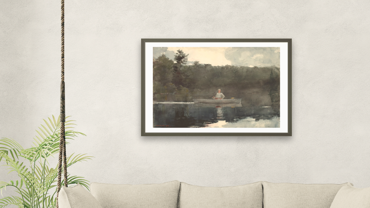 The Lone Fisherman by Winslow Homer, shown at 28 × 42 in (71.1 × 106.7 cm) in Ramino Satin Black, living