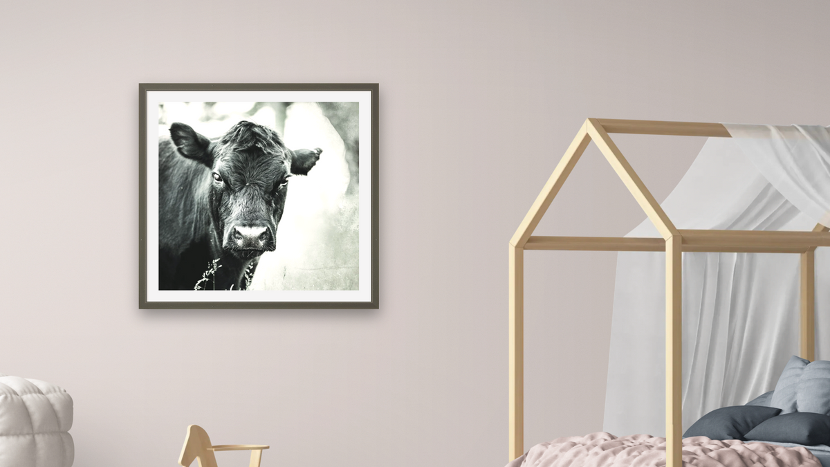 Lady by Brandon Luther, shown at 32 × 32 in (81.3 × 81.3 cm) in Ramino Satin Black, bedroom
