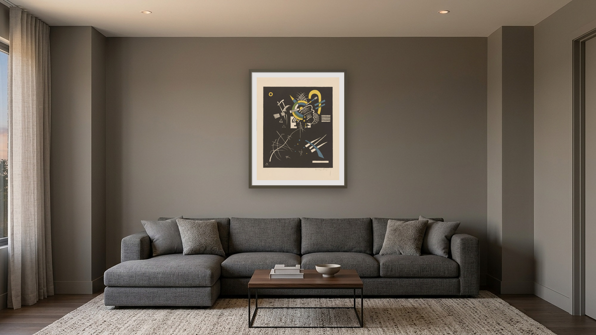 Kleine Welten, VII (Small Worlds, VII) by Wassily Kandinsky, shown at 32 × 40 in (81.3 × 101.6 cm) in Ramino Satin Black, media room