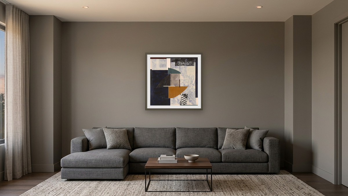 Piece Of History 1, shown at 32 × 32 in (81.3 × 81.3 cm) in Ramino Satin Black, media room