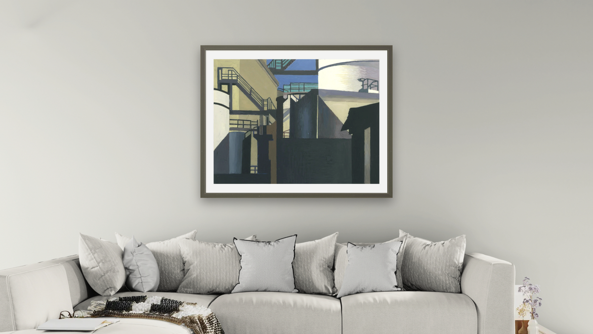 Western Industrial by Charles Sheeler, shown at 32 × 40 in (81.3 × 101.6 cm) in Ramino Satin Black, living