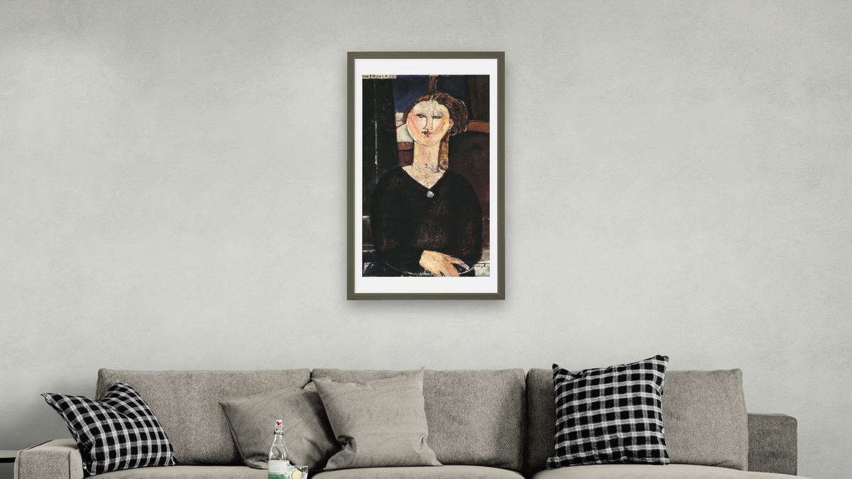 Antonia by Amedeo Modigliani, shown at 20 × 40 in (50.8 × 101.6 cm) in Ramino Satin Black, living