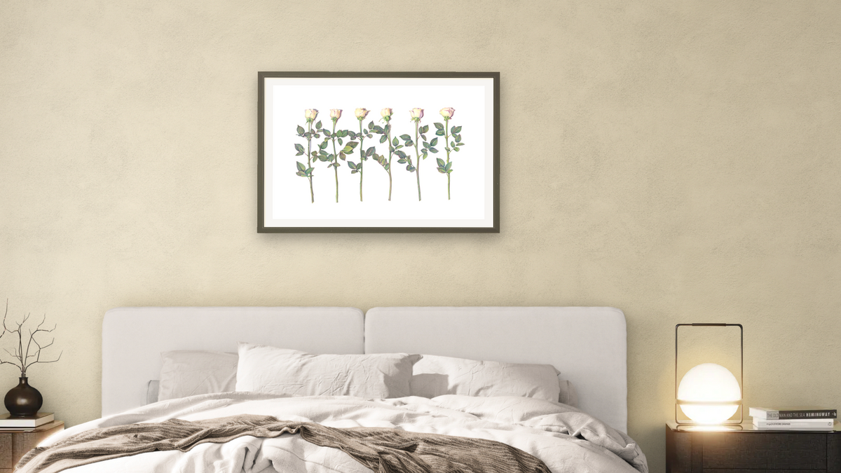 Six Roses by Kirsten Söderlind, shown at 28 × 42 in (71.1 × 106.7 cm) in Ramino Satin Black, bedroom
