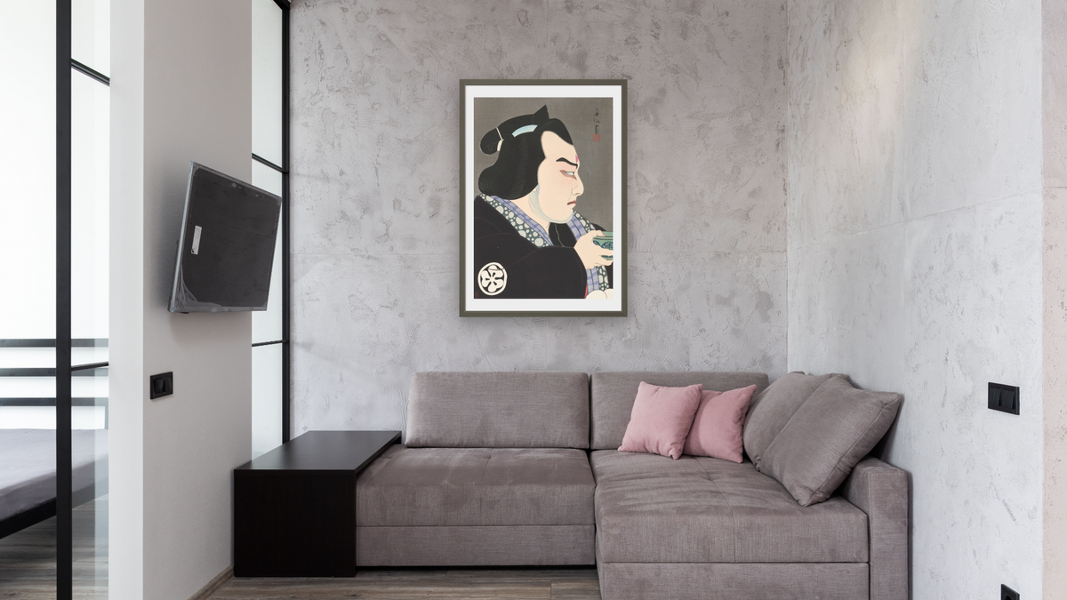 The Actor Bando Juzaburo III as Mizuhiki no Seigoro by Natori Shunsen, shown at 28 × 42 in (71.1 × 106.7 cm) in Ramino Satin Black, media room