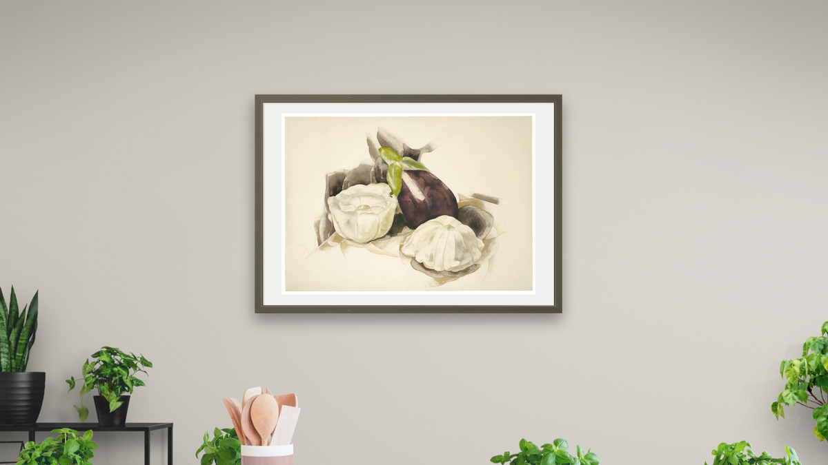 Still Life with Eggplant and Summer Squash by Charles Demuth, shown at 28 × 42 in (71.1 × 106.7 cm) in Ramino Satin Black, dining