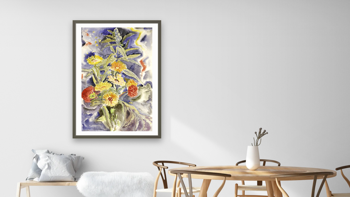 Spray of Flowers by Charles Demuth, shown at 28 × 42 in (71.1 × 106.7 cm) in Ramino Satin Black, dining