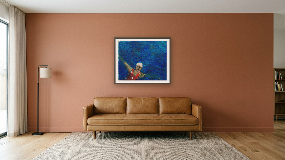 Pause by Dobee Snowber, shown at 32 × 40 in (81.3 × 101.6 cm) in Ramino Satin Black, media room