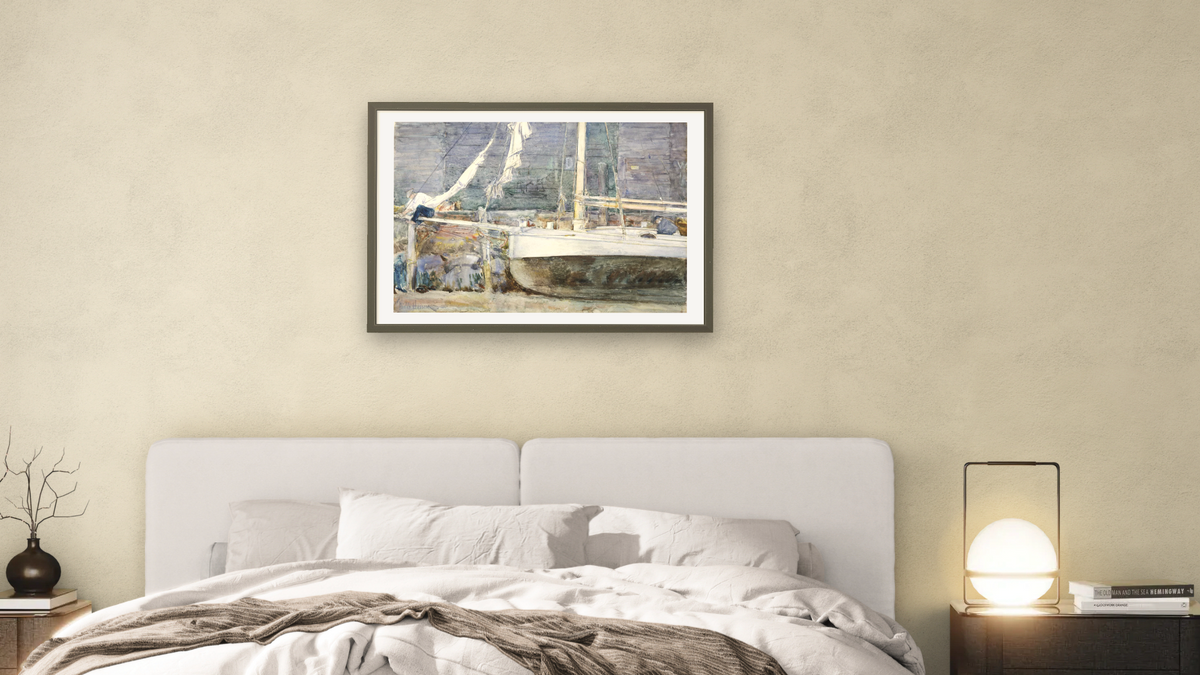 Drydock, Gloucester by Childe Hassam, shown at 28 × 42 in (71.1 × 106.7 cm) in Ramino Satin Black, bedroom