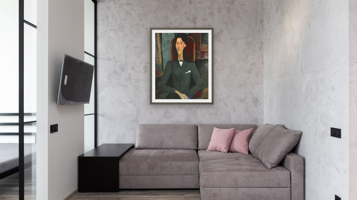 Jean Cocteau by Amedeo Modigliani, shown at 32 × 40 in (81.3 × 101.6 cm) in Ramino Satin Black, media room