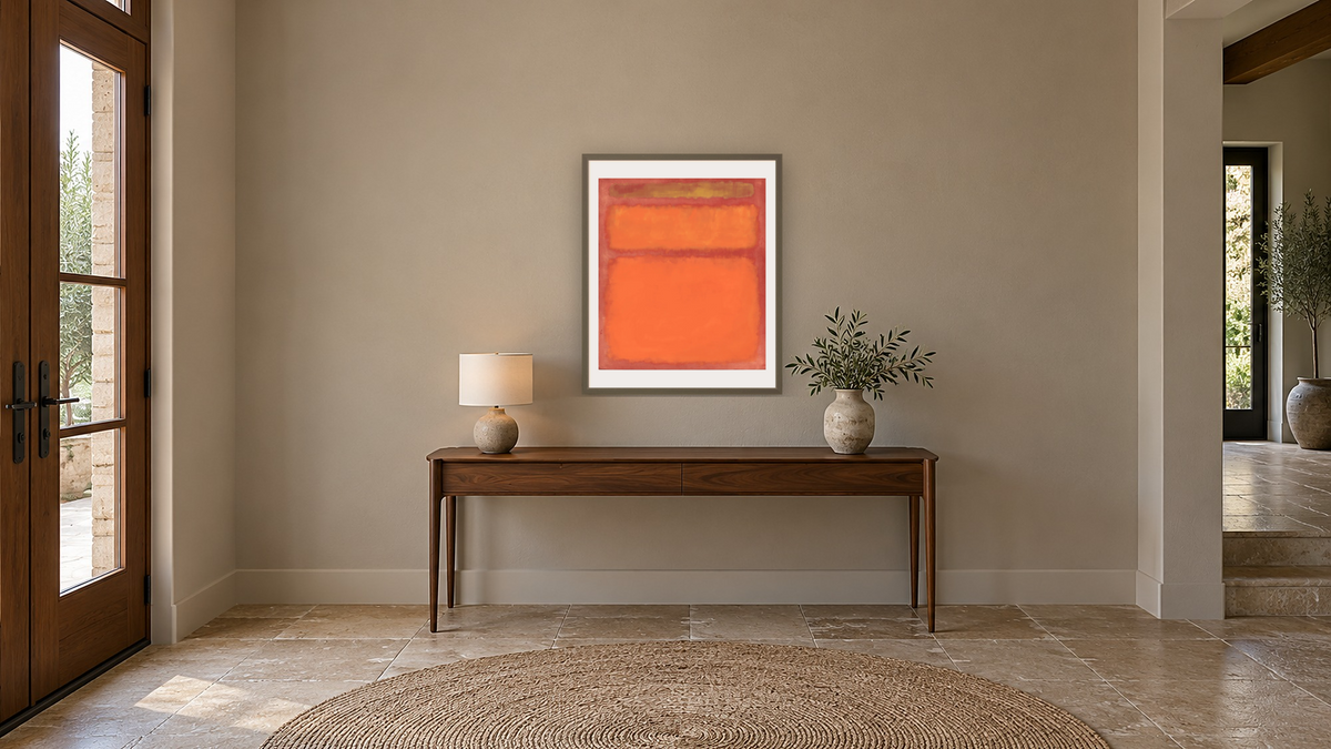 Orange, Red, Yellow by Mark Rothko, shown at 32 × 40 in (81.3 × 101.6 cm) in Ramino Satin Black, hallway