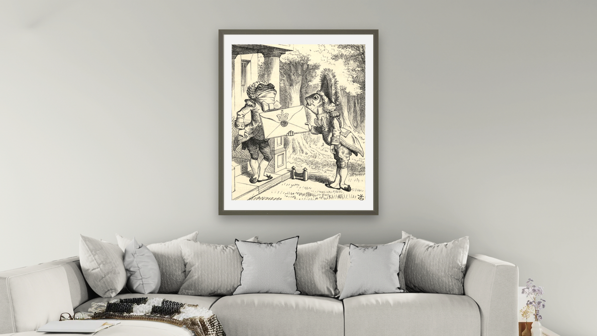 Fish Footman, from 'Alice's Adventures in Wonderland' by Lewis Carroll by John Tenniel, shown at 32 × 40 in (81.3 × 101.6 cm) in Ramino Satin Black, living