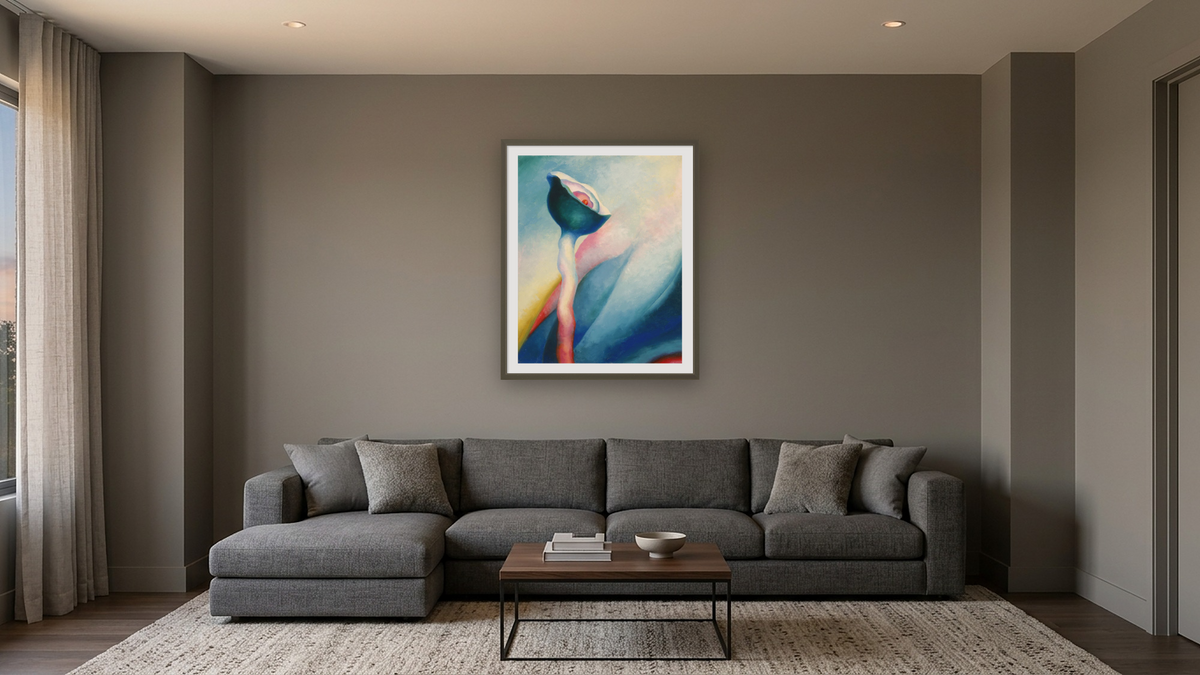 Series I—No. 2 by Georgia O'Keeffe, shown at 32 × 40 in (81.3 × 101.6 cm) in Ramino Satin Black, media room