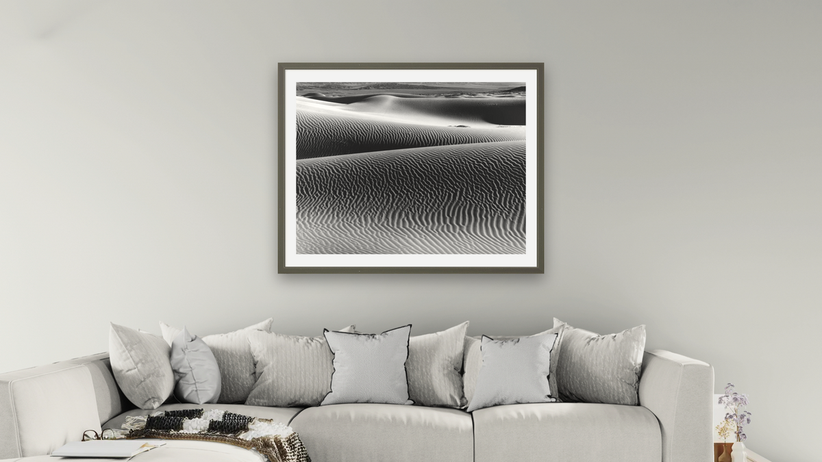 Sand Dune #7 by Gordon Osmundson, shown at 32 × 40 in (81.3 × 101.6 cm) in Ramino Satin Black, living