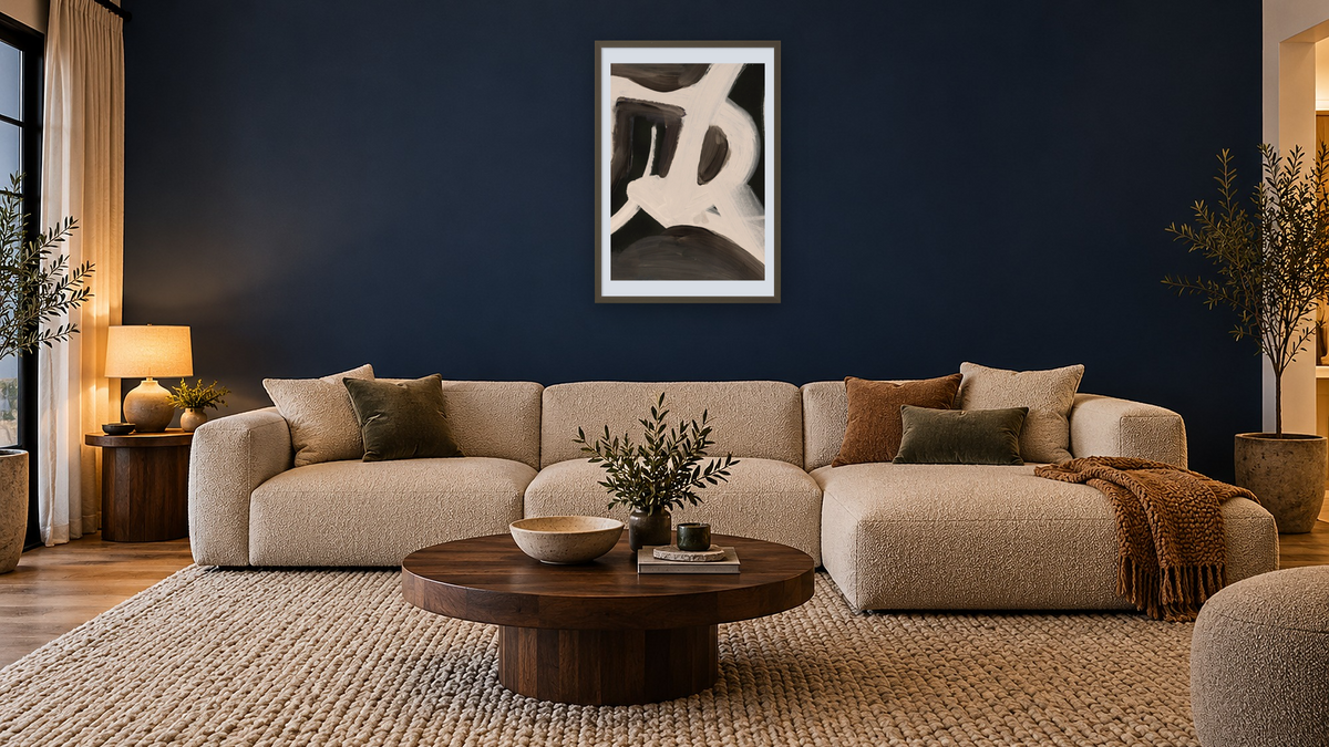 Bones 2 by Dan Hobday, shown at 28 × 42 in (71.1 × 106.7 cm) in Ramino Satin Black, media room