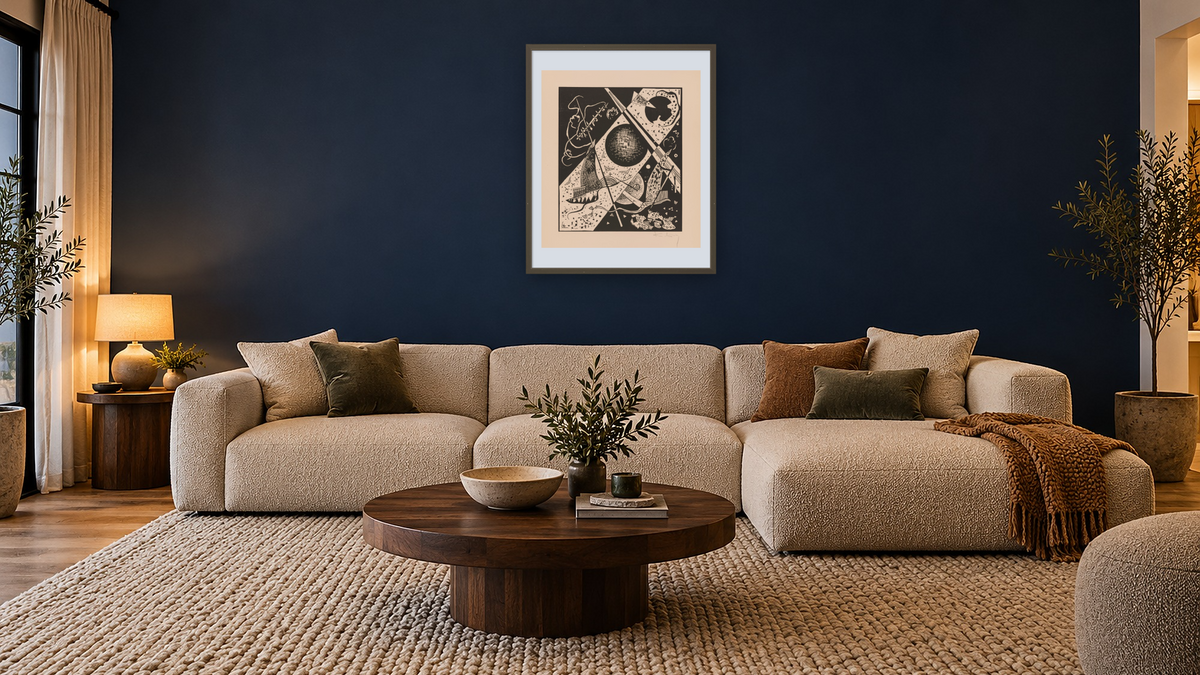 Kleine Welten VI (Small Worlds VI), from the portfolio Kleinen Welten (Small Worlds) by Wassily Kandinsky, shown at 32 × 40 in (81.3 × 101.6 cm) in Ramino Satin Black, media room