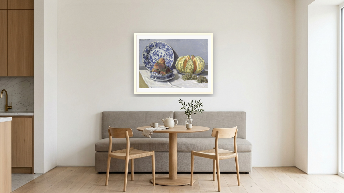 Still Life with Melon by Claude Monet, shown at 30 × 40 in (76.2 × 101.6 cm) in Ramino Opaque White, kitchen