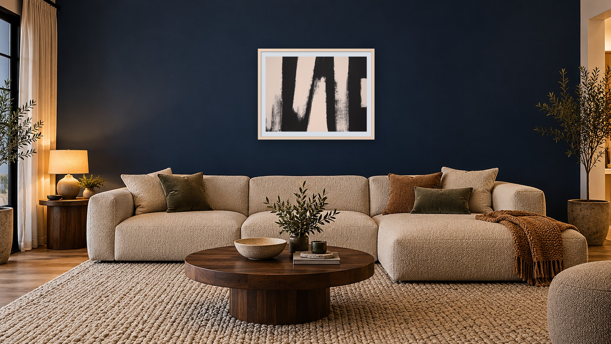 Black and White 11 by Tayt Modern, shown at 30 × 40 in (76.2 × 101.6 cm) in Ramino Opaque White, media room