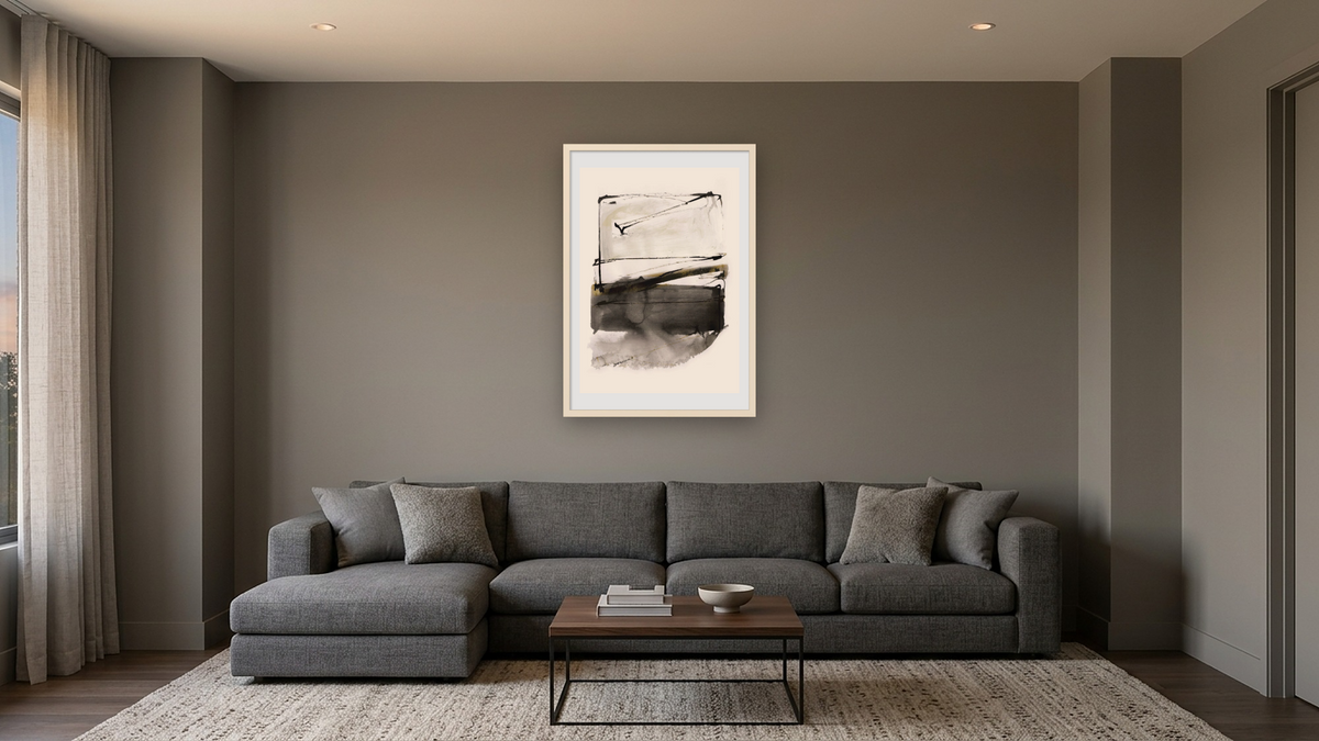 Country by Dan Hobday, shown at 28 × 42 in (71.1 × 106.7 cm) in Ramino Opaque White, media room