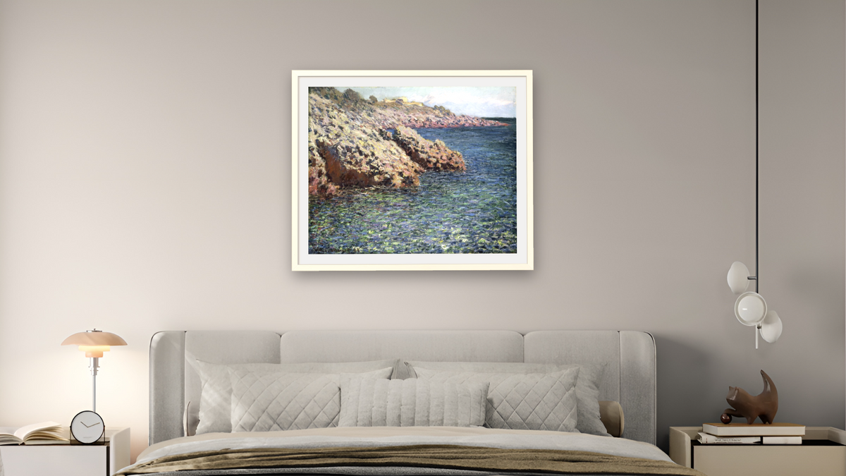 The Mediterranean (Cap d'Antibes) by Claude Monet, shown at 32 × 40 in (81.3 × 101.6 cm) in Ramino Opaque White, bedroom