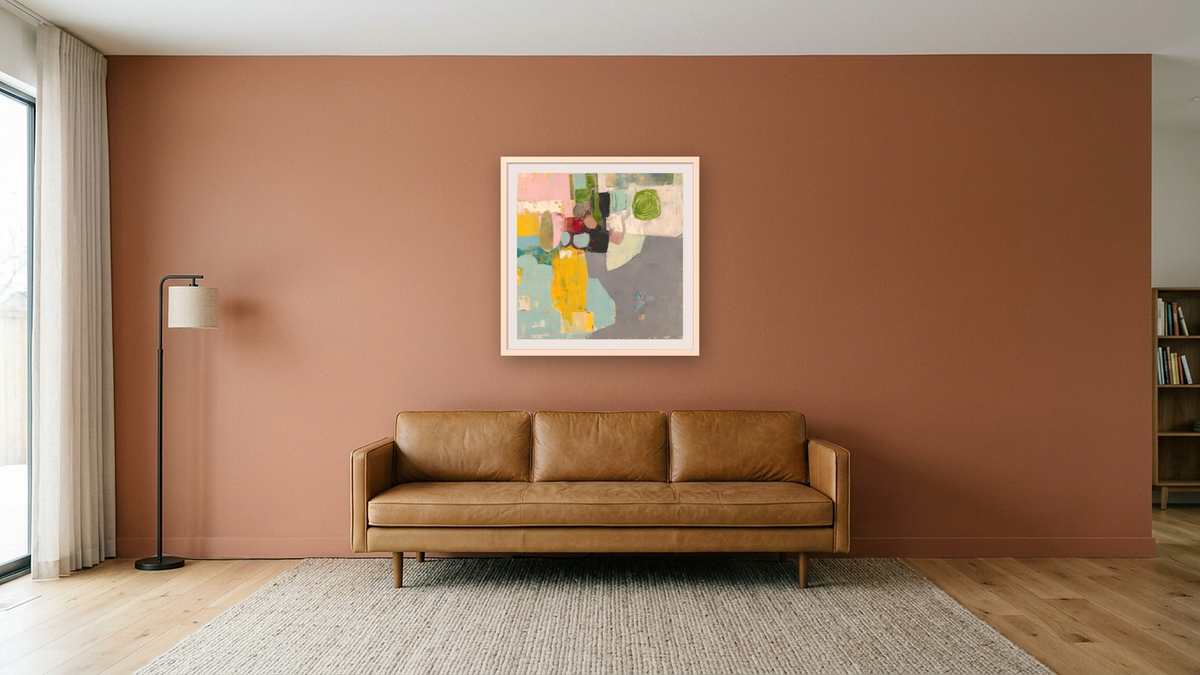 Yellow Vase by Louise Gaskill, shown at 32 × 32 in (81.3 × 81.3 cm) in Ramino Opaque White, media room