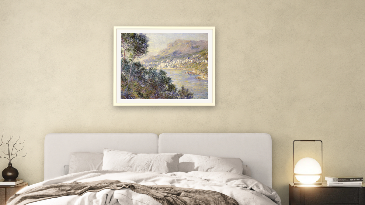 A View of Cape Martin, Monte Carlo by Claude Monet, shown at 32 × 40 in (81.3 × 101.6 cm) in Ramino Opaque White, bedroom