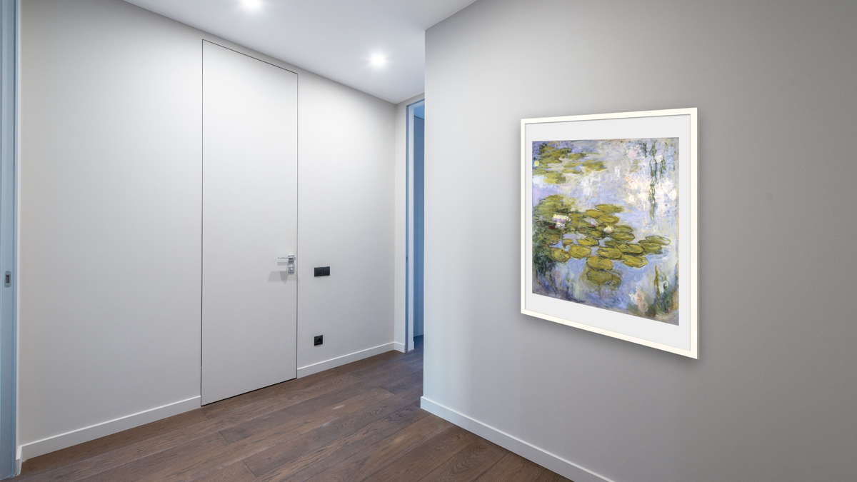 Nympheas by Claude Monet, shown at 32 × 40 in (81.3 × 101.6 cm) in Ramino Opaque White, hallway